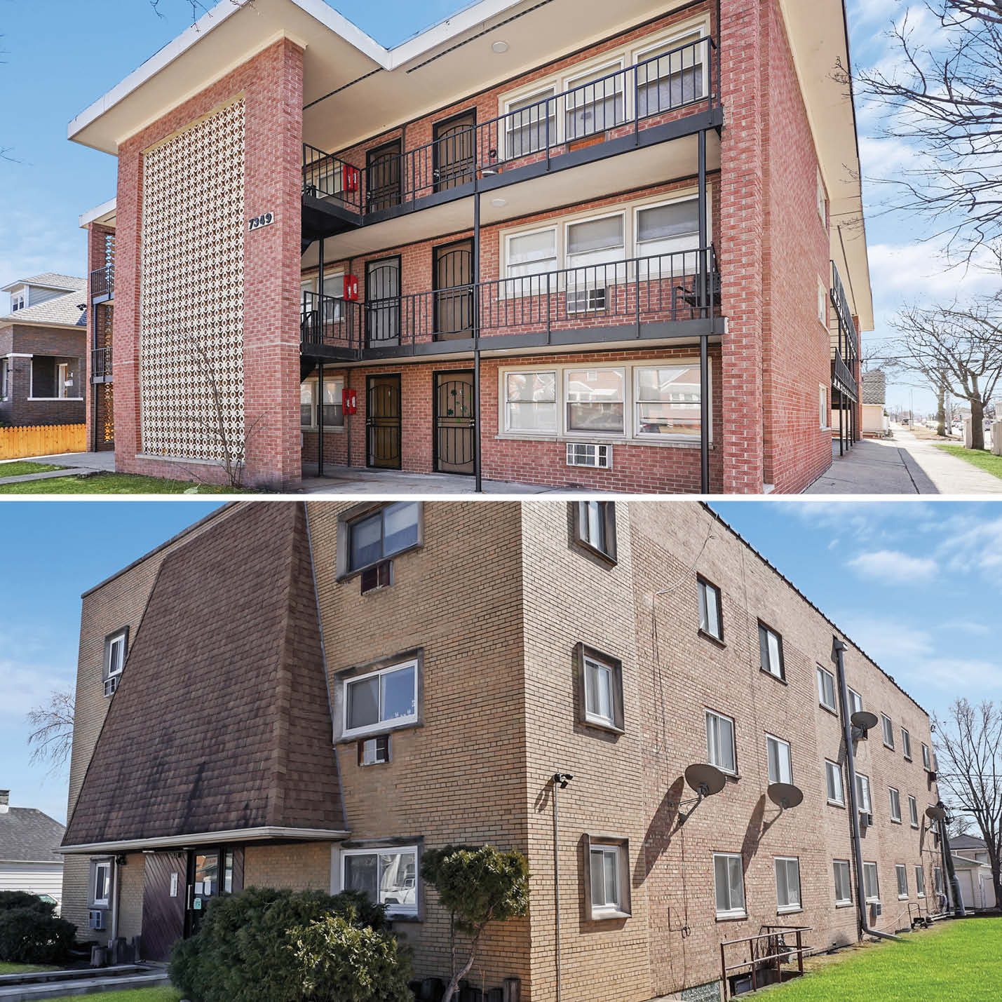 Exterior view of 7349 W. 57th St. and 7631 W. 63rd Pl., featured as apartment buildings for sale Chicago.