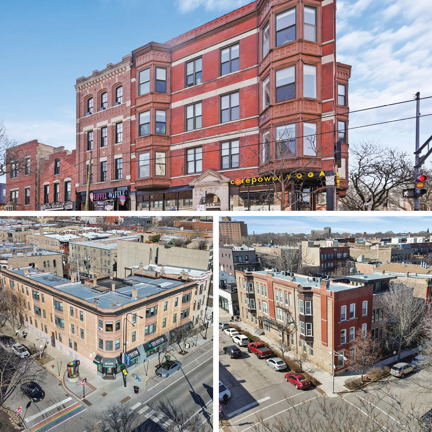 Exterior view of 959 W. Webster Ave, 3434 N. Halsted St, and 1514 N. Honore St—three Chicago properties featured in a real estate portfolio.
