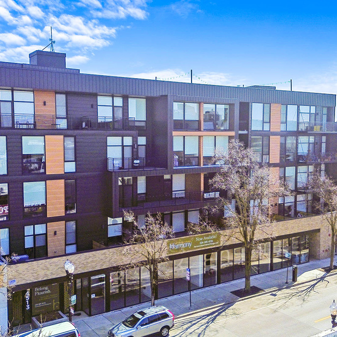 Exterior of Harmony Apartments, a new 57-unit luxury multifamily building in Sheridan Park, Chicago