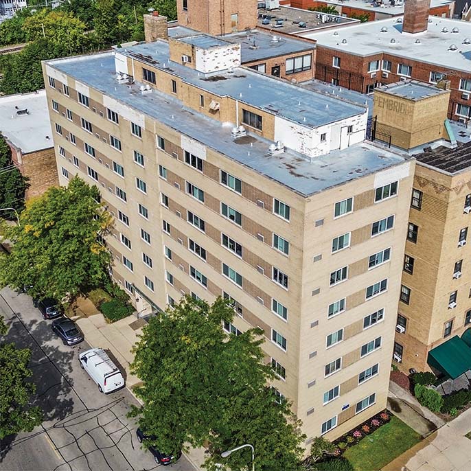 8-story apartment building in downtown Evanston located at 1400 Chicago Avenue, available for sale by Essex brokers.