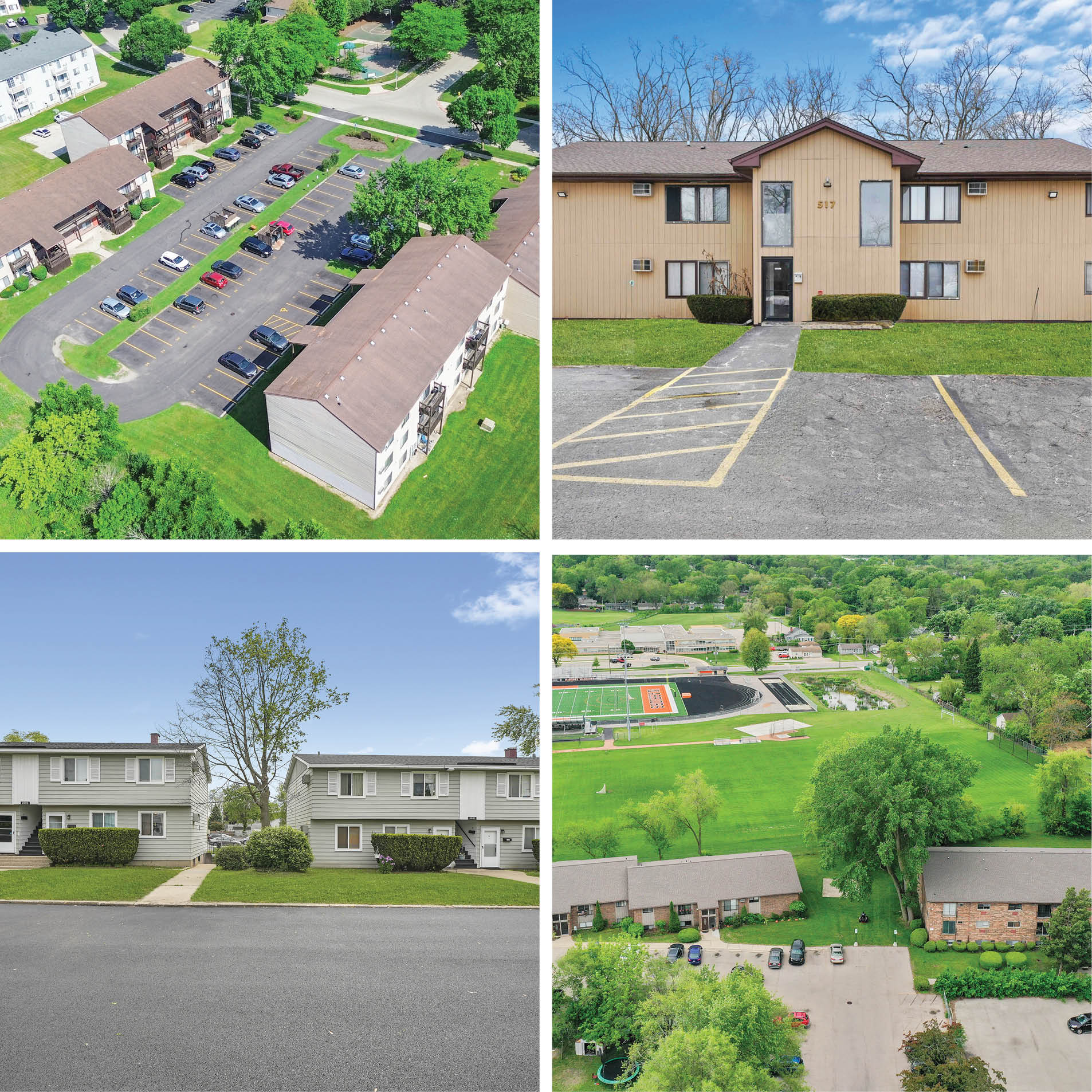 Aerial view of suburban multifamily buildings representing investment property Chicago and strong transaction activity.